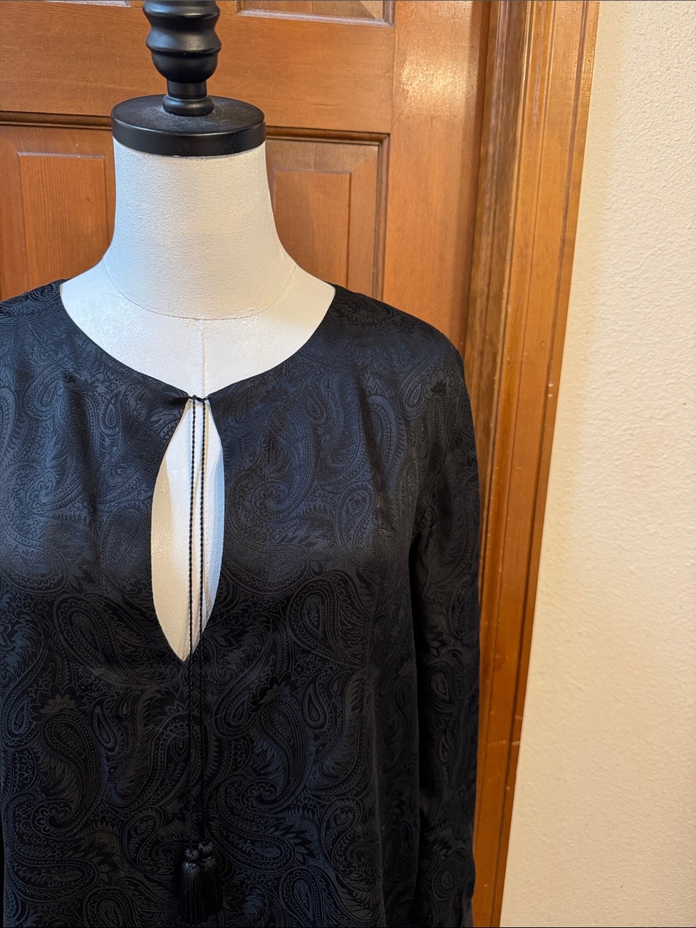 Nili Lotan Black Paisley Tassel Tie Long Sleeve Blouse Size S